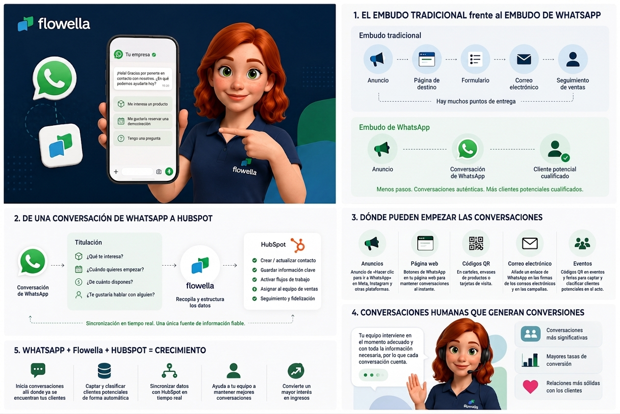 Embudo de generación de clientes potenciales de WhatsApp comparado con un embudo tradicional, en el que se muestran las conversaciones cualificadas y sincronizadas con HubSpot