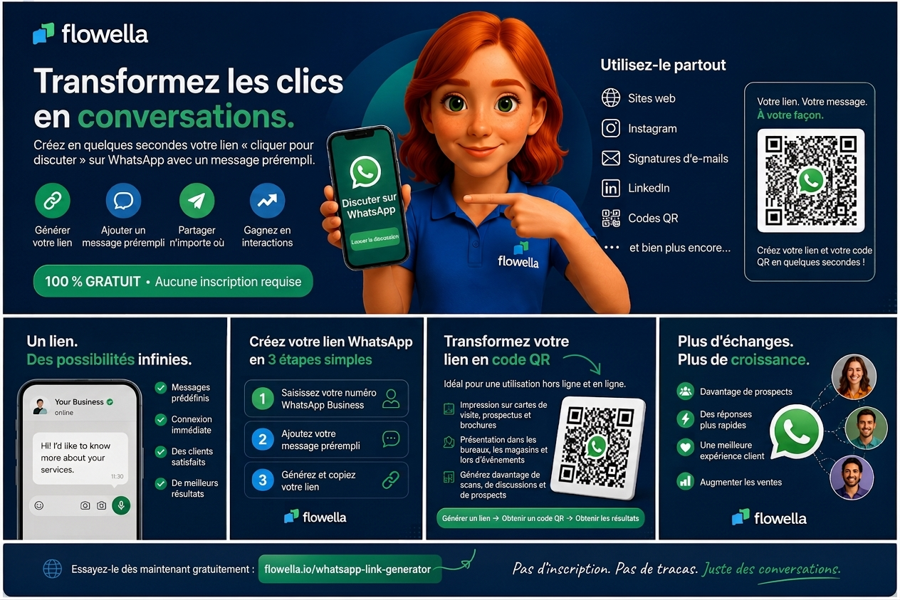 Flowella WhatsApp link generator creating a Click-to-Chat link with a pre-filled message