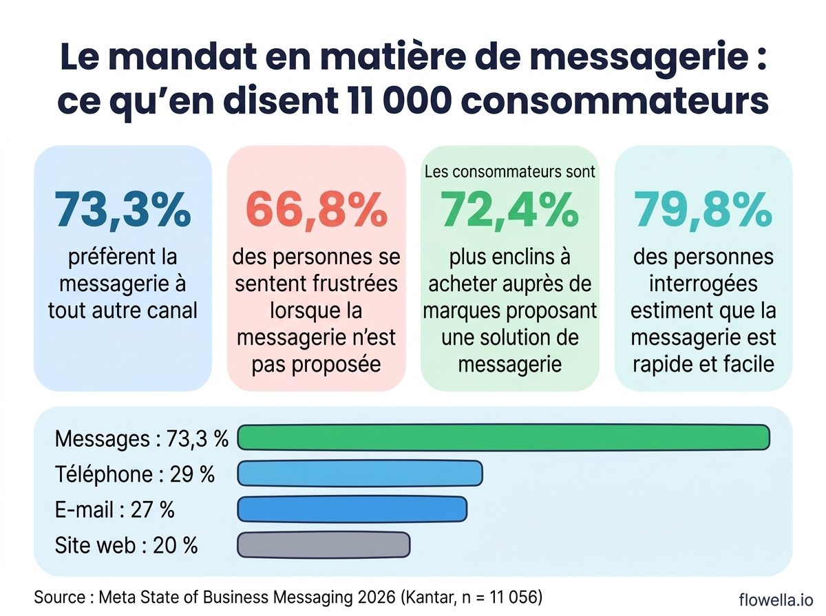 Infographie présentant les statistiques clés du rapport « State of Business Messaging 2026 » de Meta, notamment : 73,3 % préfèrent la messagerie, 66,8 % sont frustrés lorsque la messagerie n’est pas proposée, 72,4 % sont plus enclins à acheter et 79,8 % affirment que la messagerie est rapide et facile.