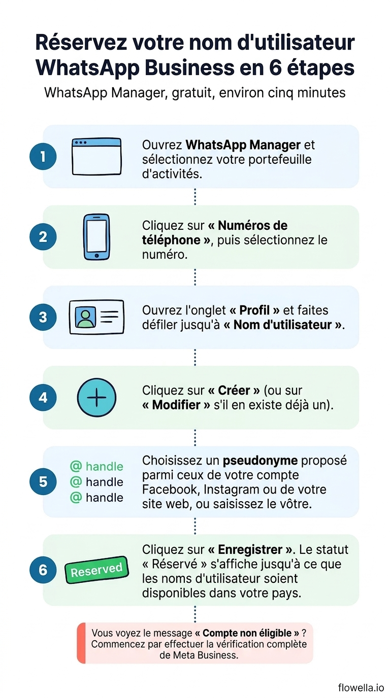 Infographie : comment réserver un nom d'utilisateur WhatsApp Business dans WhatsApp Manager en six étapes