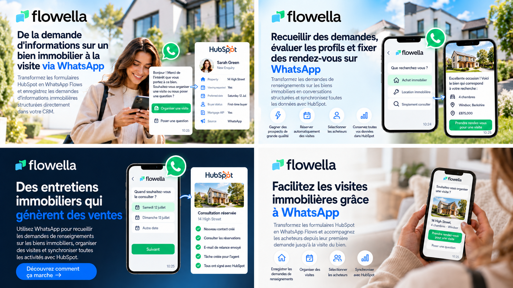 WhatsApp pour les agents immobiliers : les demandes de renseignements sur les biens, les prises de rendez-vous pour les visites et les écrans de qualification des acheteurs sont synchronisés avec les fiches de contact HubSpot