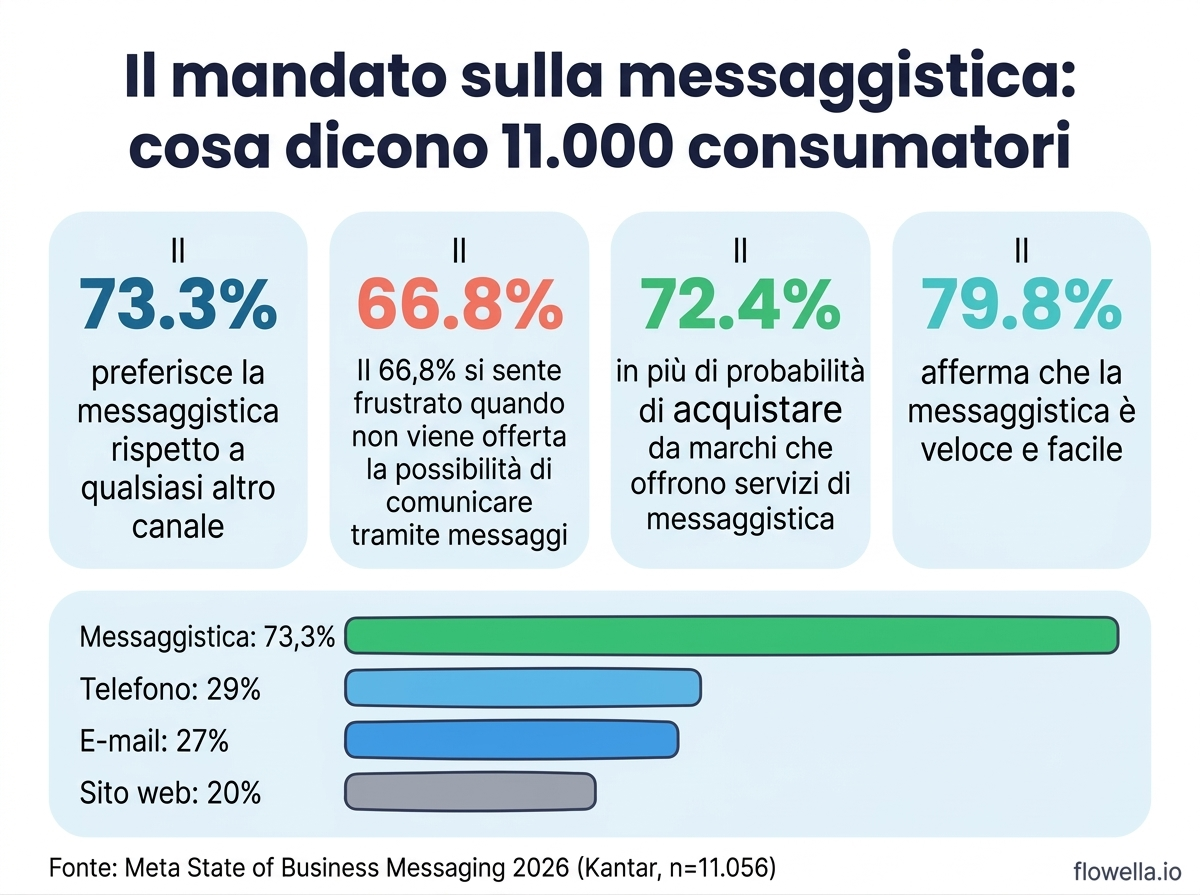 Infografica che mostra le statistiche chiave del rapporto “State of Business Messaging 2026” di Meta, tra cui il 73,3% che preferisce la messaggistica, il 66,8% che si sente frustrato quando la messaggistica non è disponibile, il 72,4% più propenso all’acquisto e il 79,8% che afferma che la messaggistica è veloce e facile