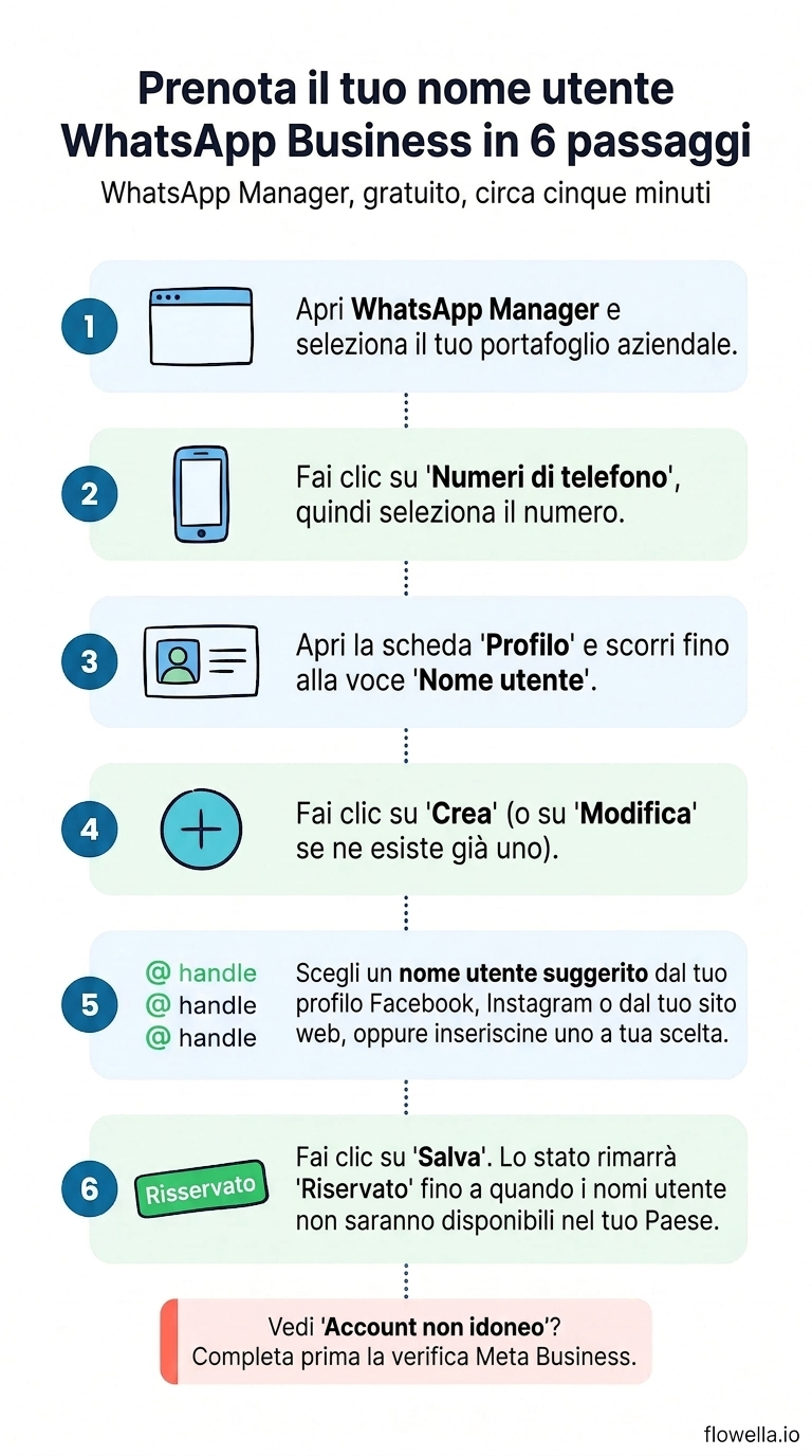 Infografica: come riservare un nome utente WhatsApp Business in WhatsApp Manager in sei passaggi
