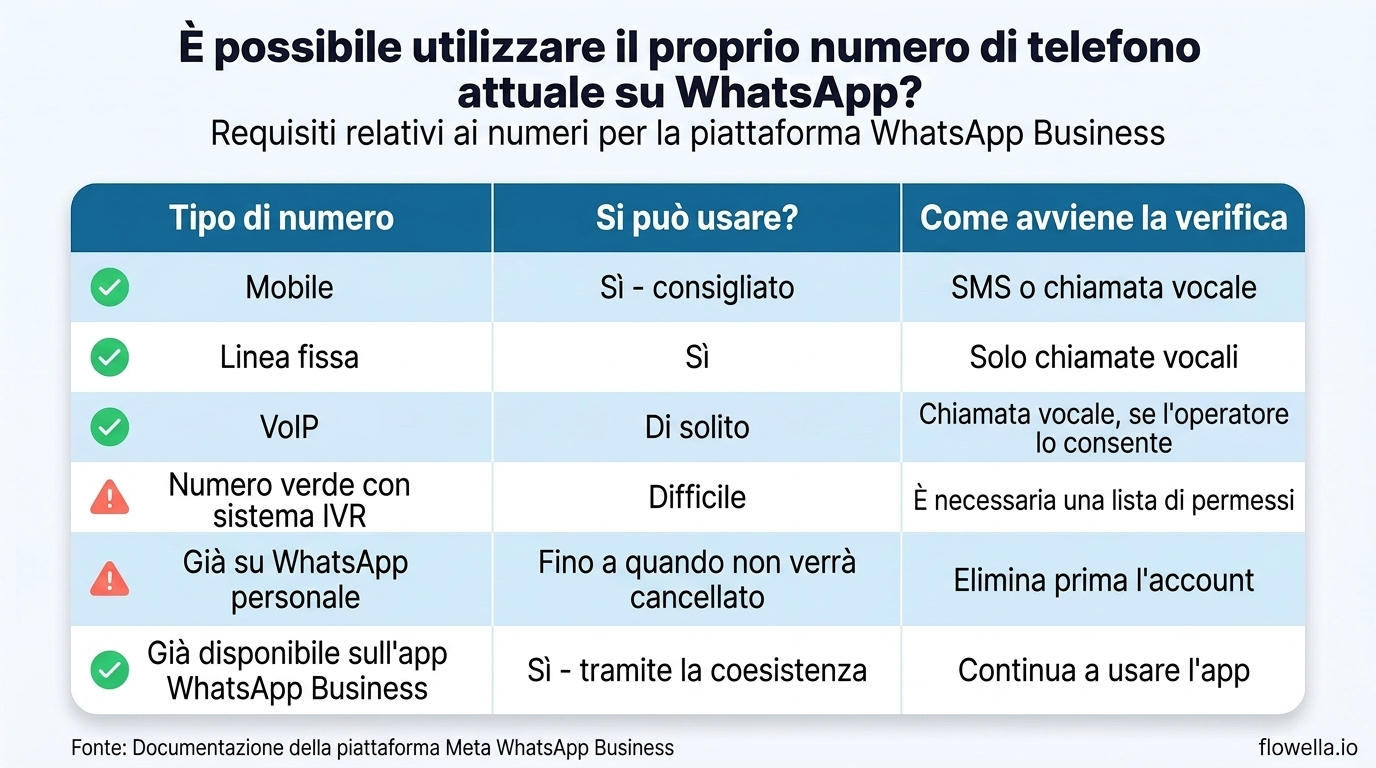 Tabella comparativa che illustra quali tipi di numeri di telefono possono essere utilizzati con la piattaforma WhatsApp Business: i numeri di cellulare e di rete fissa sono ammessi, il VoIP di solito funziona, i numeri verdi collegati a un sistema IVR presentano difficoltà, i numeri presenti sull’account WhatsApp personale devono essere prima eliminati e i numeri dell’app WhatsApp Business possono essere collegati tramite la funzione di coesistenza