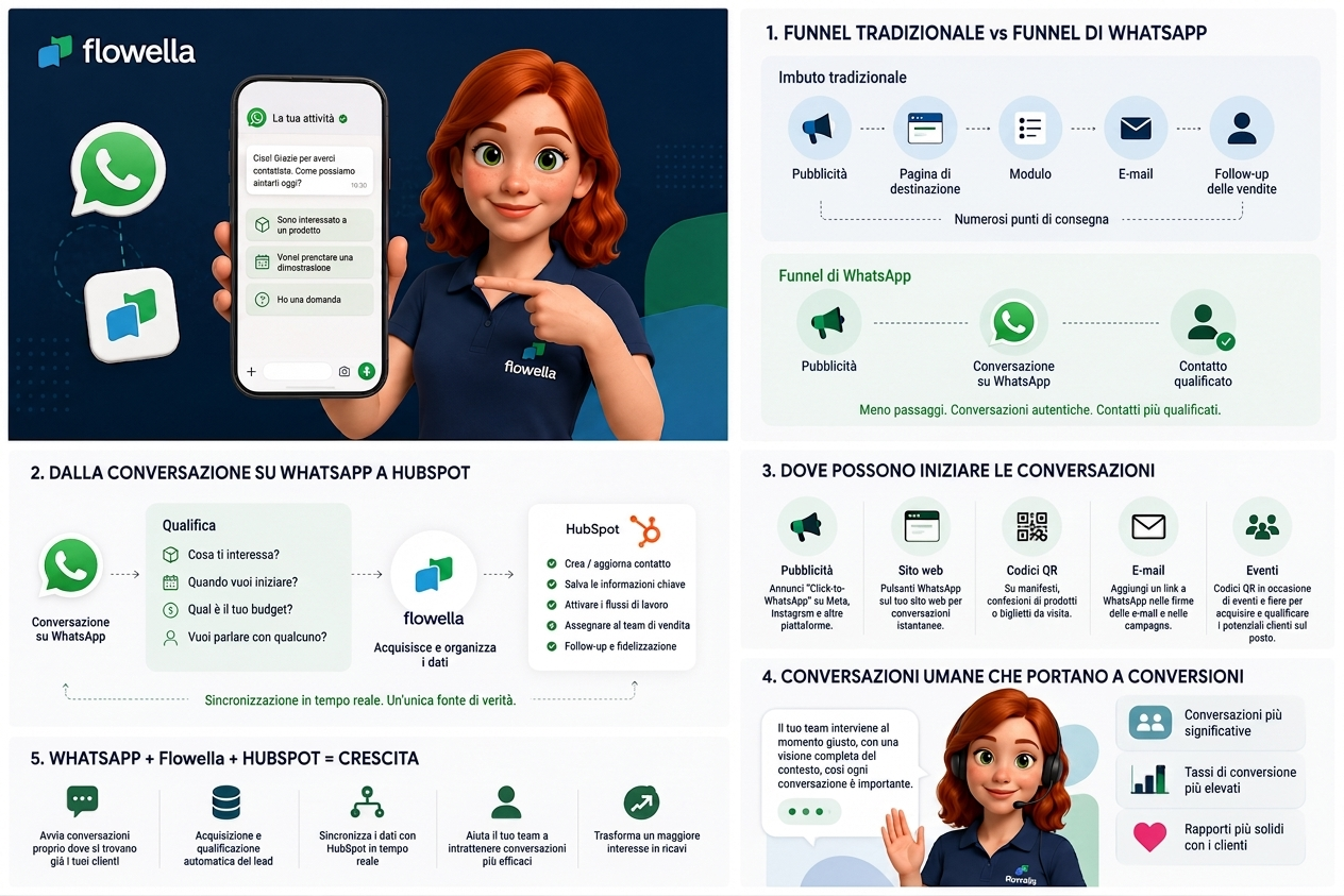 Il funnel di generazione di lead di WhatsApp a confronto con un funnel tradizionale, con l’indicazione delle conversazioni qualificate e sincronizzate con HubSpot