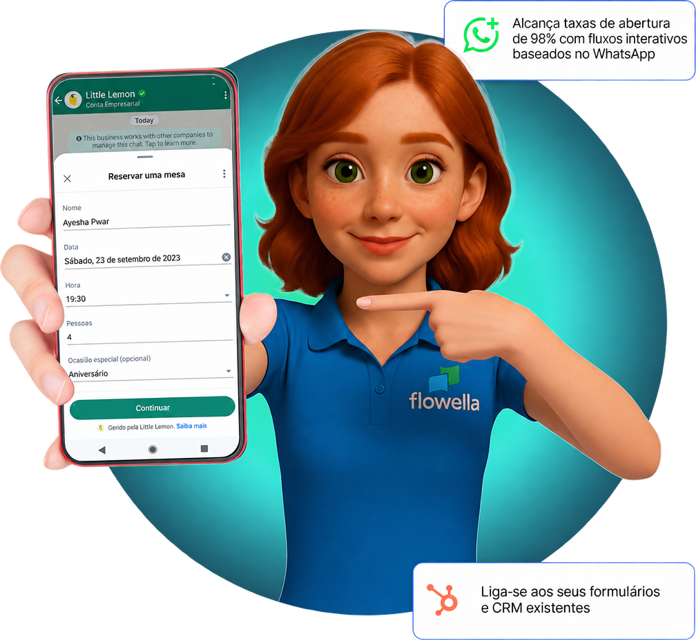Flo a segurar um telemóvel com um formulário de marcação do WhatsApp Flow que se liga aos formulários da HubSpot e ao CRM