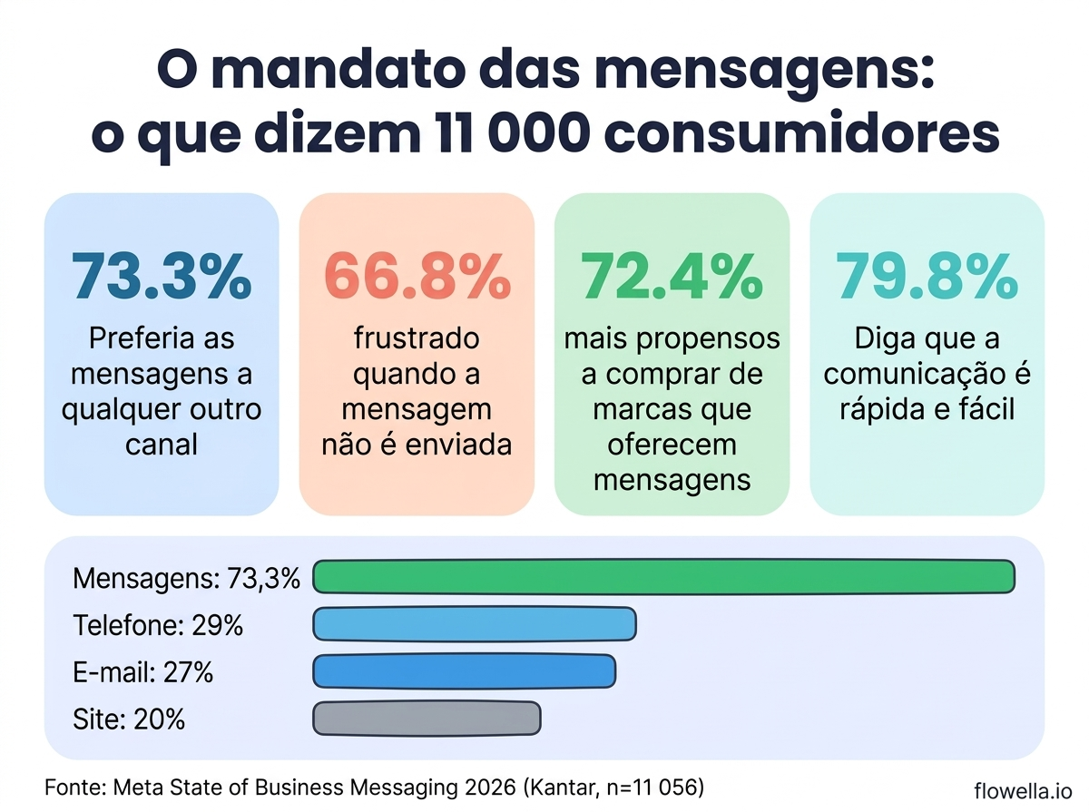 Infográfico que apresenta estatísticas-chave do relatório «State of Business Messaging 2026» da Meta, incluindo que 73,3% preferem a comunicação por mensagens, 66,8% ficam frustrados quando a comunicação por mensagens não é disponibilizada, 72,4% têm maior probabilidade de comprar e 79,8% afirmam que a comunicação por mensagens é rápida e fácil