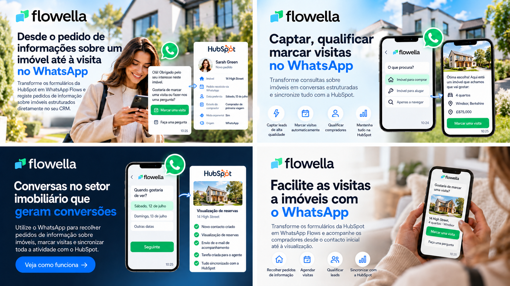 WhatsApp para agentes imobiliários: ecrãs de consulta de imóveis, marcação de visitas e qualificação de compradores sincronizados com os registos de contactos da HubSpot