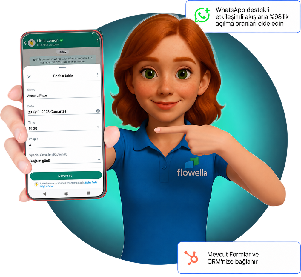 Flo, HubSpot formlarına ve CRM’ye bağlanan bir WhatsApp Flow rezervasyon formunun bulunduğu bir telefon tutuyor