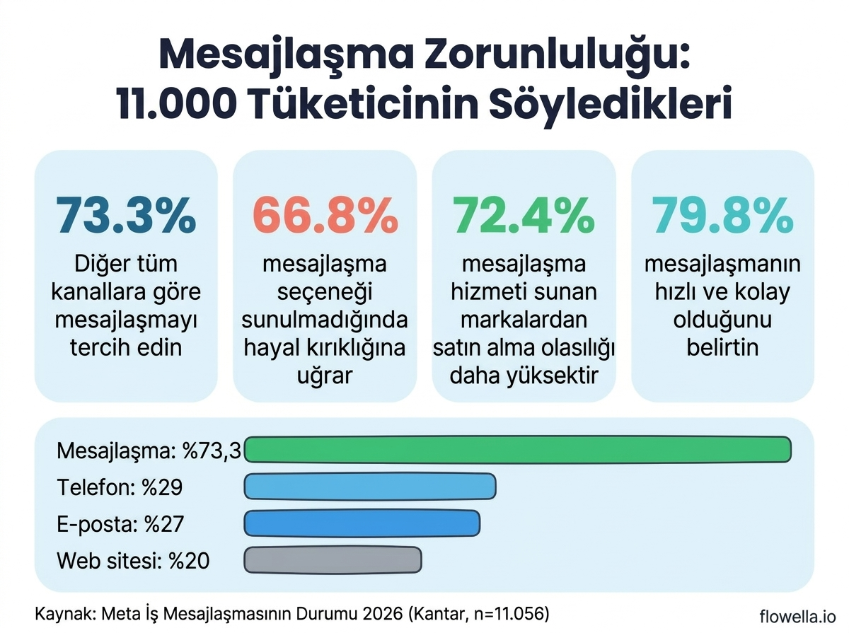 Meta’nın “State of Business Messaging 2026” raporundan alınan önemli istatistikleri gösteren infografik: %73,3’ü mesajlaşmayı tercih ediyor, %66,8’i mesajlaşma seçeneği sunulmadığında hayal kırıklığına uğruyor, %72,4’ü satın alma olasılığı daha yüksek ve %79,8’i mesajlaşmanın hızlı ve kolay olduğunu söylüyor
