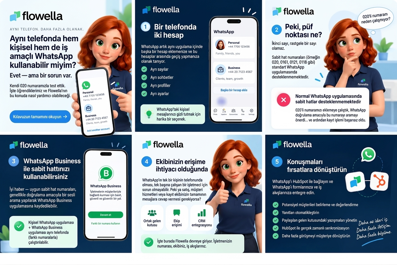 Aynı telefonda hem kişisel hem de iş amaçlı WhatsApp kullanımını, standart uygulamada sabit hatların neden işe yaramadığını ve Flowella'nın ekiplere nasıl ortak bir gelen kutusu sağladığını anlatan açıklayıcı yazı
