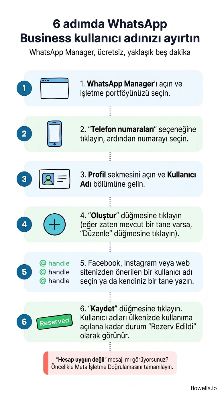 İnfografik: WhatsApp Manager'da altı adımda WhatsApp Business kullanıcı adı nasıl rezerve edilir?