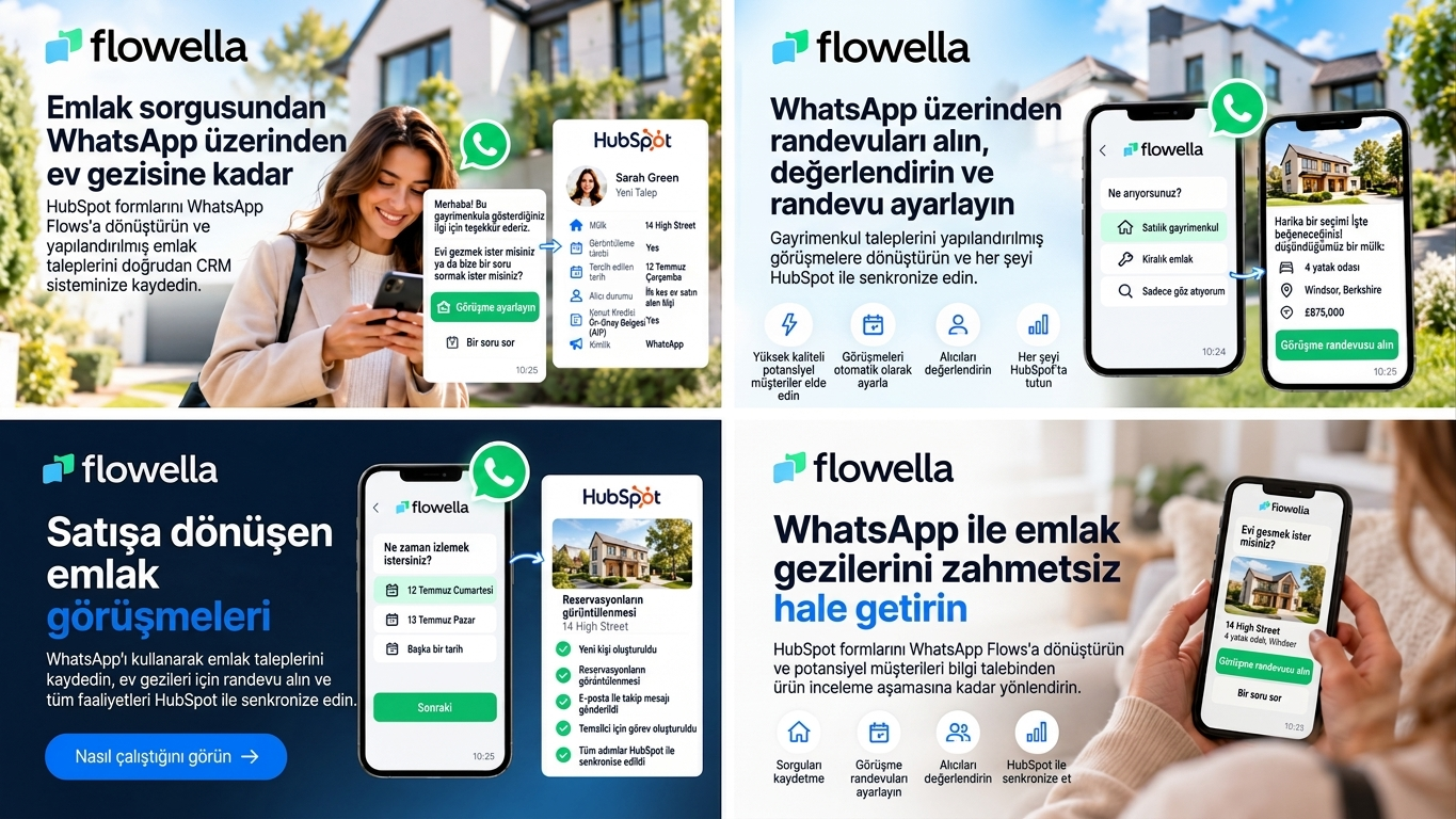 Emlakçılar için WhatsApp: HubSpot kişi kayıtlarıyla senkronize edilen emlak sorgulama, ev gezisi randevusu ve alıcı değerlendirme ekranları