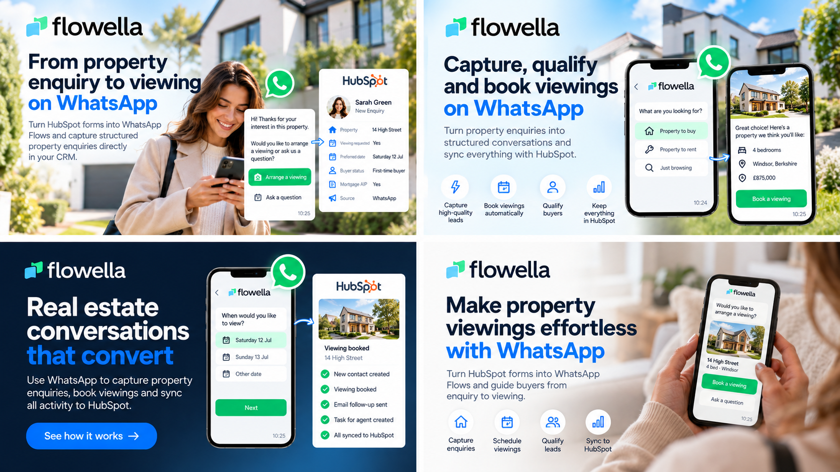 WhatsApp for estate agents: property enquiry, viewing booking and buyer qualification screens synced to HubSpot contact records