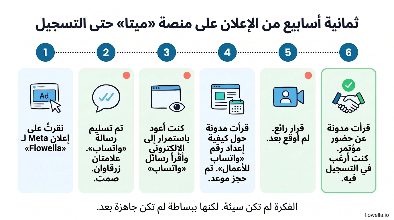 Infographic showing the eight-week journey of a lead from a Meta ad click to Flowella sign-up, with WhatsApp follow-up and blog content at each stage