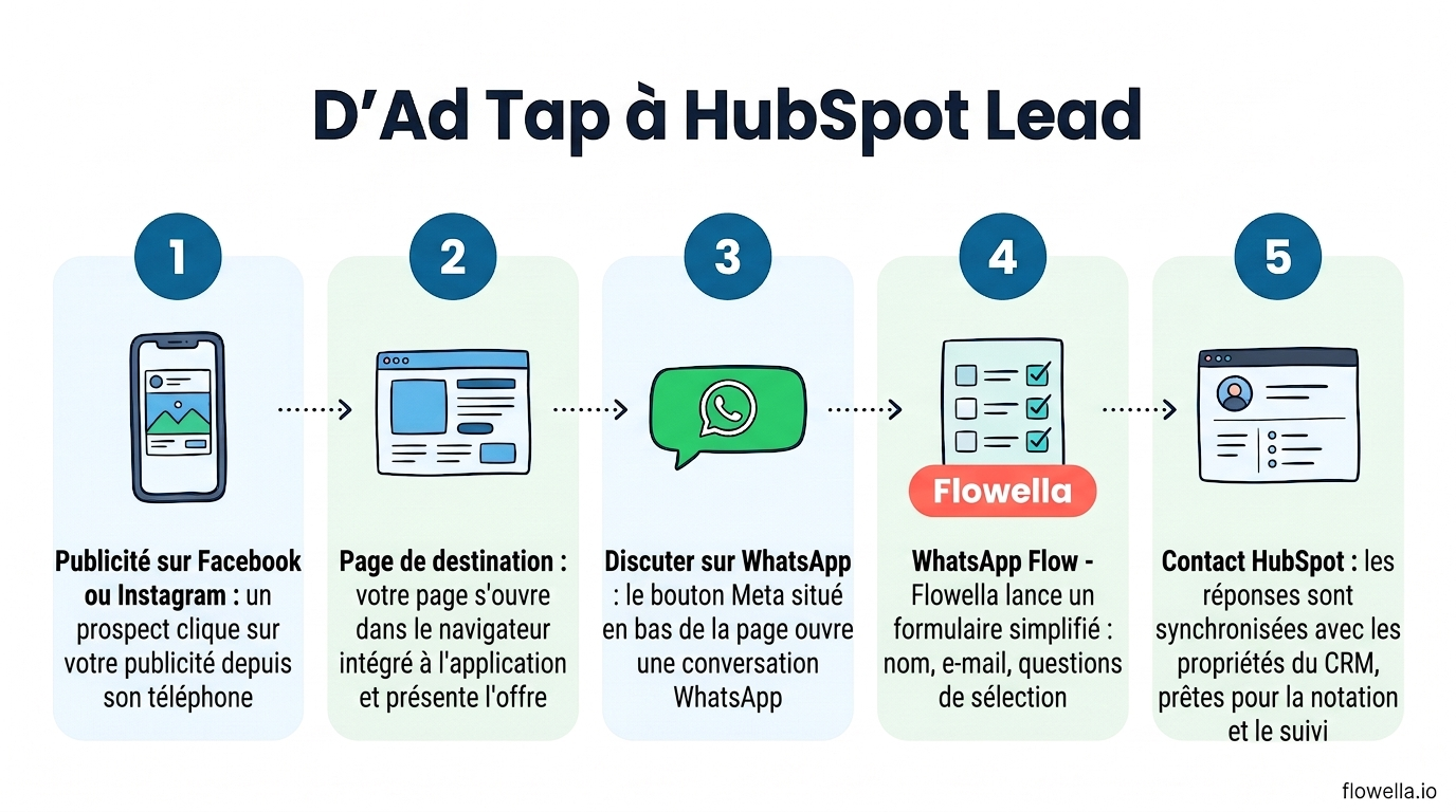Fonctionnement des publicités « Website to WhatsApp » avec Flowella : publicité, page de destination, bouton « Chatter sur WhatsApp », WhatsApp Flow, contact HubSpot