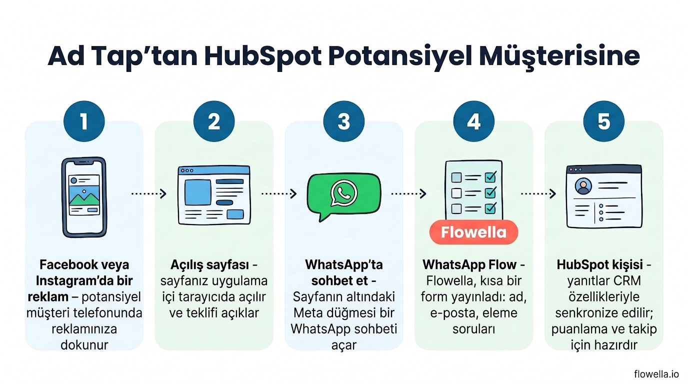 Flowella ile “Web Sitesi’nden WhatsApp’a” reklamları nasıl çalışır: reklam, açılış sayfası, “WhatsApp’ta Sohbet Et” düğmesi, WhatsApp Flow, HubSpot kişi